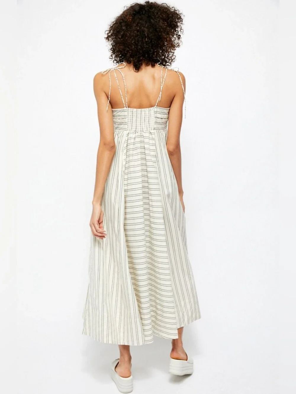 Free People Easy Breezy Midi Dress White Navy Blue Stripe Cotton Large - Picture 15 of 16